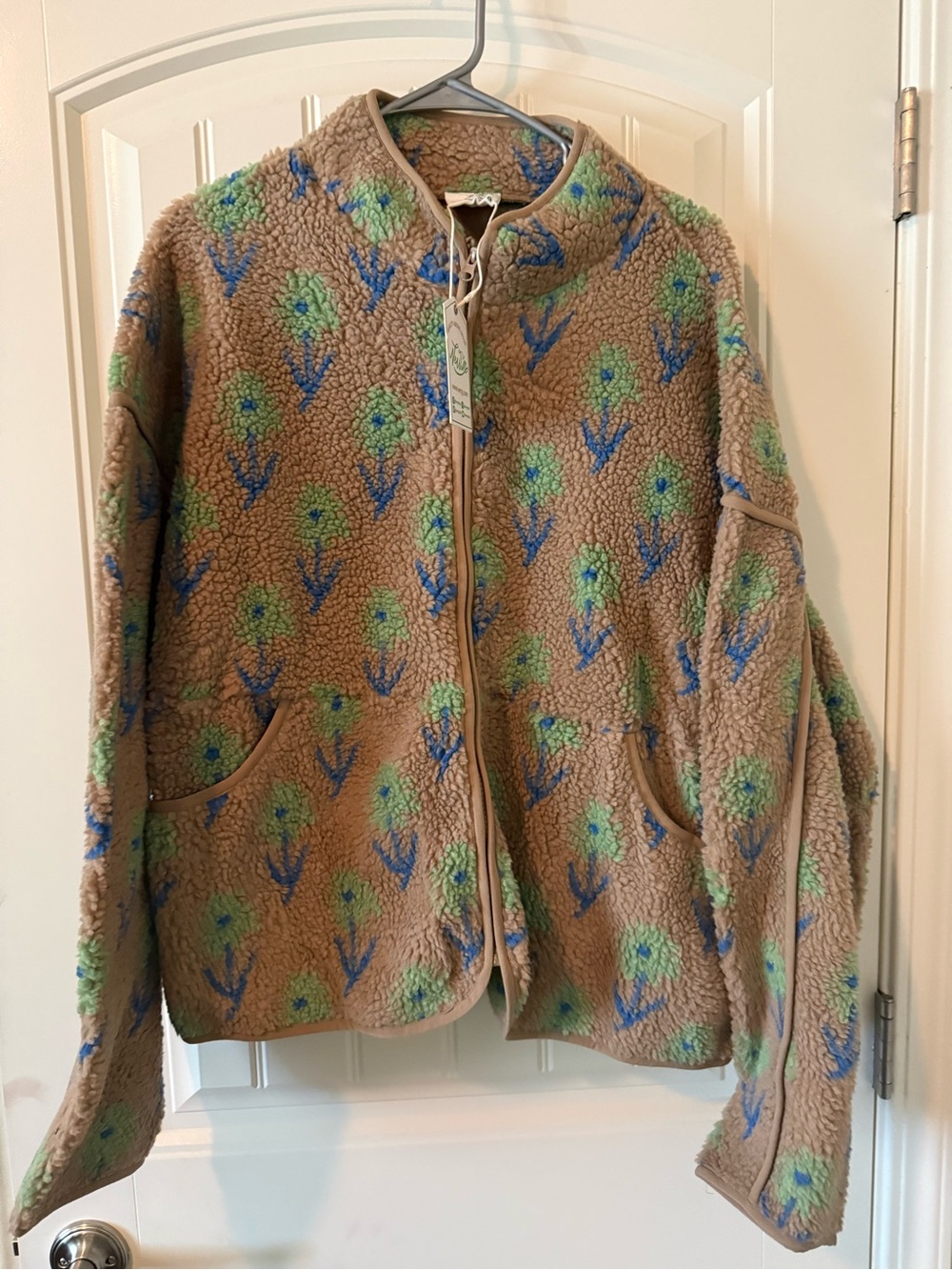 Sherpa Zip Jacket in Tan with Green & Blue Floral Print